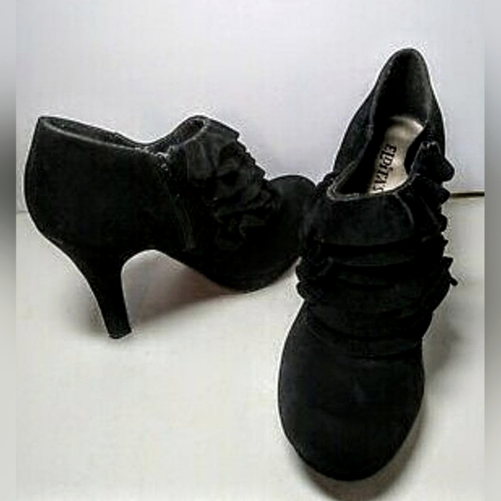 Size 6.5 Black Suede Elditas Ruffle Stiletto High Heels